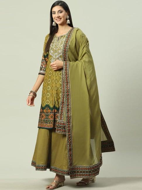 biba olive green cotton embroidered kurta flared palazzo set with dupatta