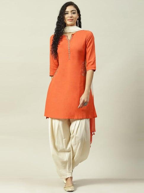 biba orange & beige embroidered kurta salwar set with dupatta