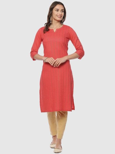 biba orange cotton striped straight kurta