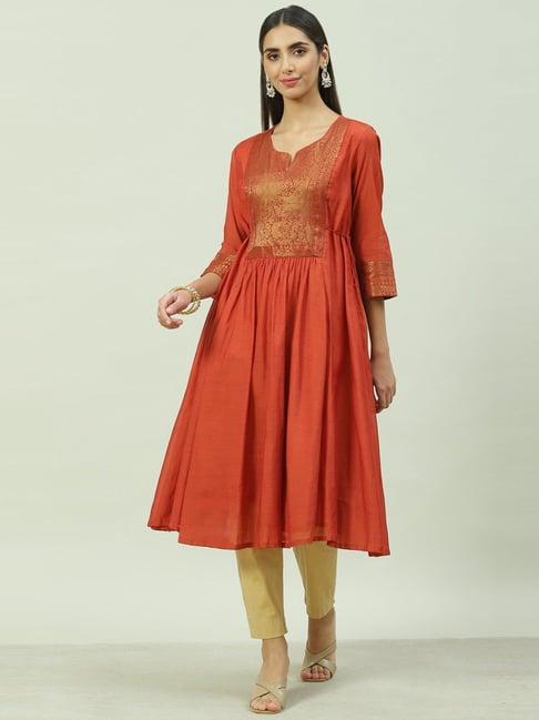 biba orange woven pattern a line kurta