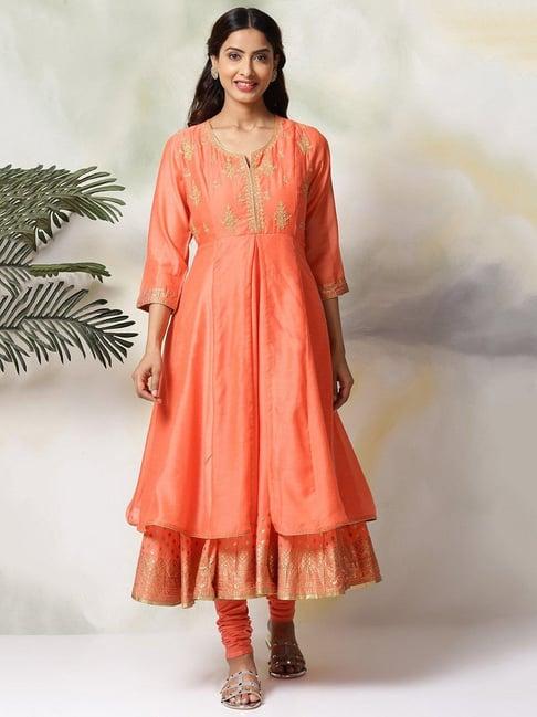 biba orange zari kurta & churidar