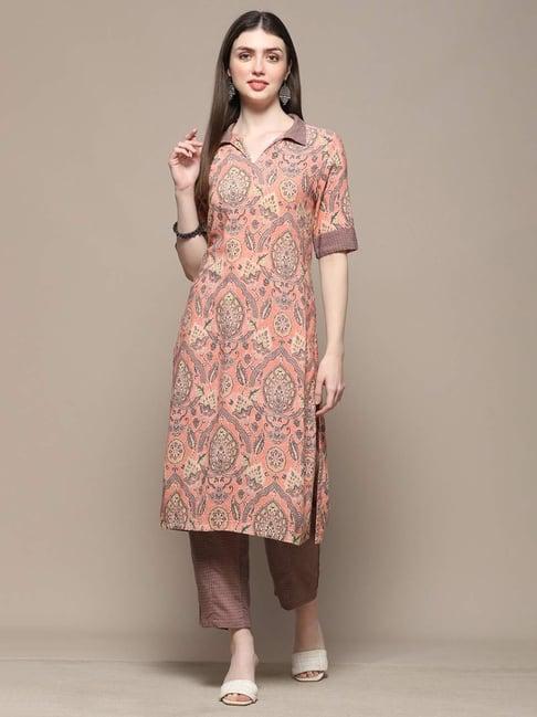 biba peach & brown printed kurta pant set