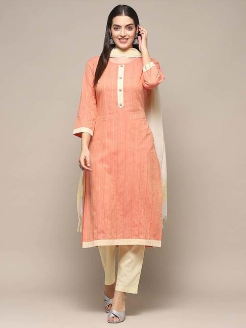 biba peach & cream cotton embroidered unstitched dress material