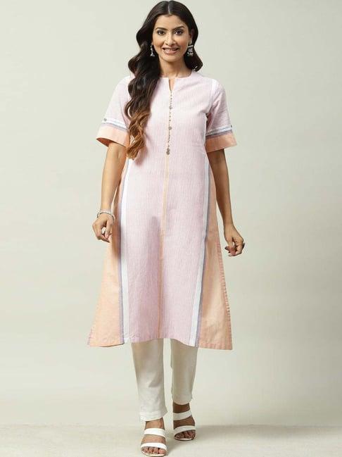 biba peach & light pink cotton stripes kurti