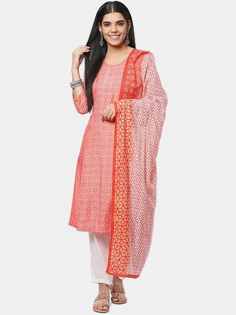 biba peach & white printed kurta pant set with dupatta