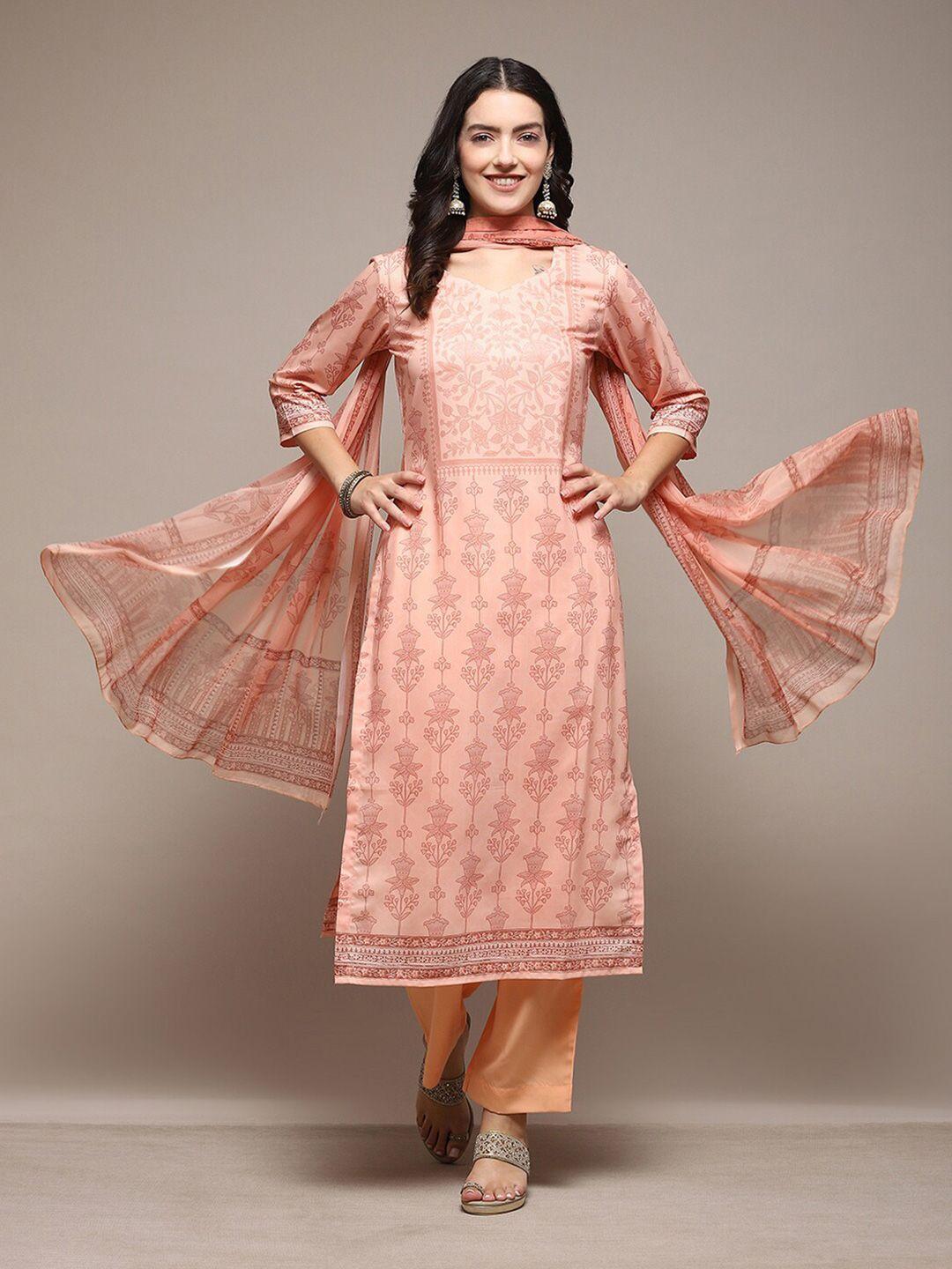 biba peach-coloured printed unstitched dress material