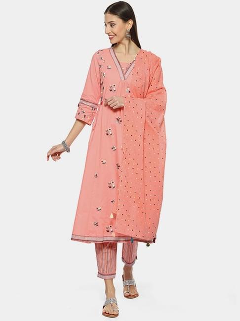 biba peach cotton embroidered kurta pant set with dupatta