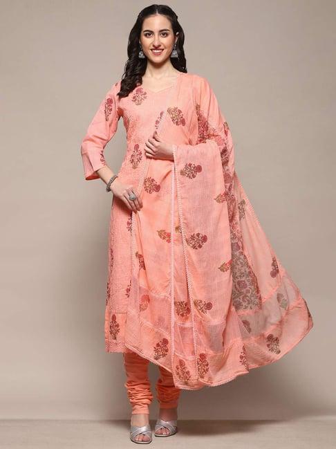 biba peach cotton embroidered unstitched dress material