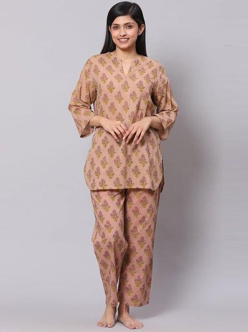 biba peach cotton printed kurti pyjama set