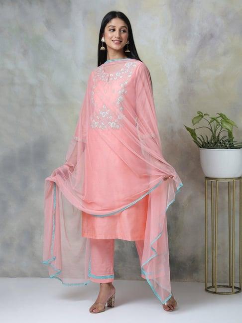 biba peach embroidered kurta with pant & dupatta