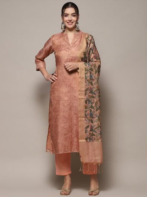 biba peach printed unstitched suit set