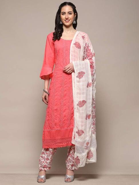 biba pink & white cotton embroidered unstitched dress material