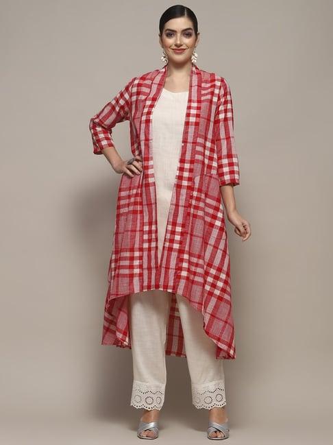 biba pink & white cotton printed kurta pant set with jacket