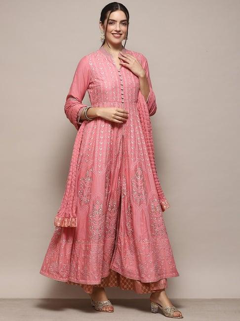 biba pink cotton embroidered kurta skirt set with dupatta