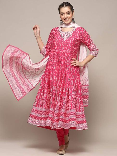 biba pink cotton printed kurta churidar set with dupatta