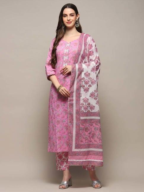 biba pink cotton printed unstitched dress material