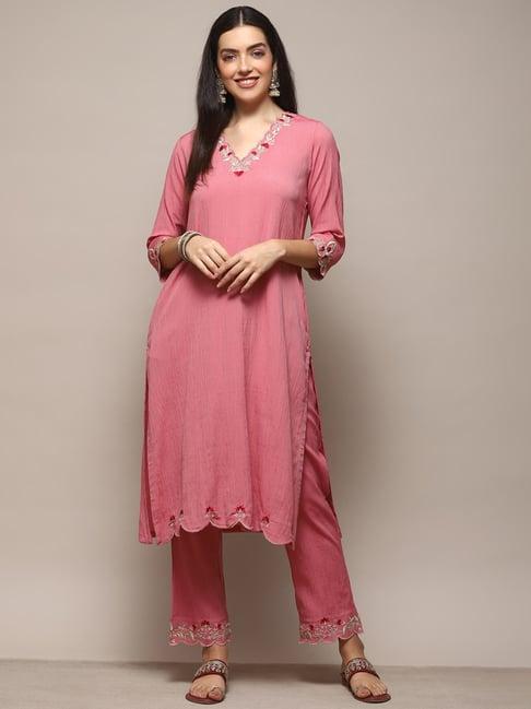 biba pink embroidered kurta pant set