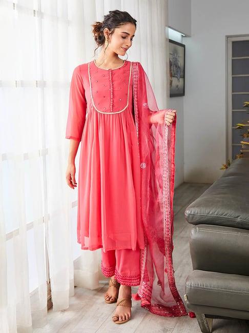 biba pink embroidered kurta with palazzo & dupatta