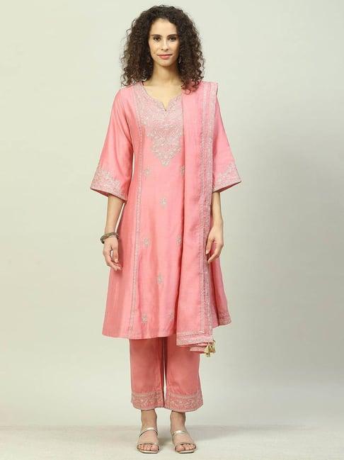 biba pink embroidered kurta with pants & dupatta