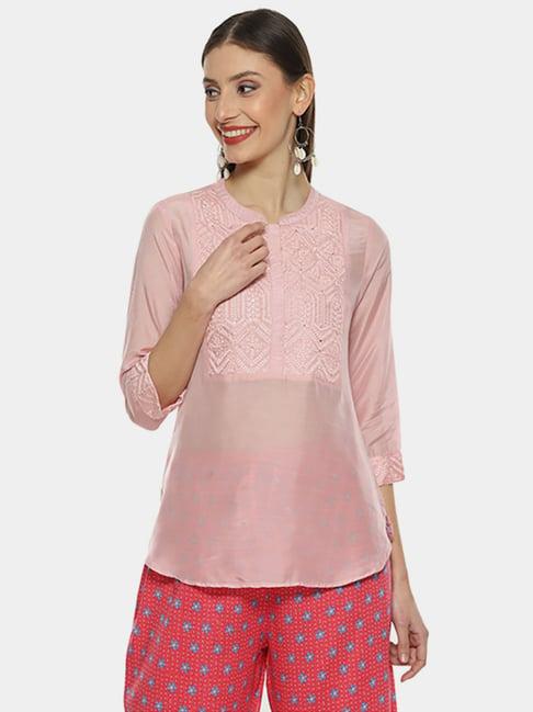 biba pink embroidered straight short kurti