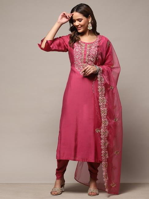 biba pink embroidered unstitched dress material