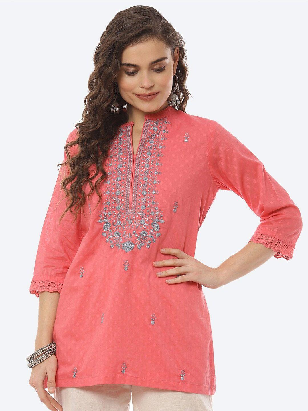 biba pink ethnic motifs printed pure cotton kurti