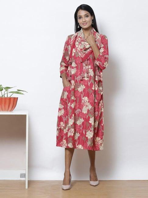 biba pink printed a-line dress with stole