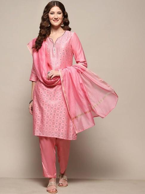 biba pink self pattern kurta pant set with dupatta