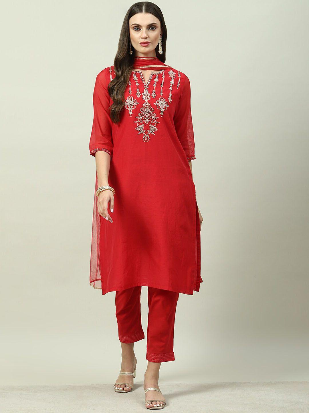 biba plus size embroidered regular mukaish kurta with trousers & dupatta