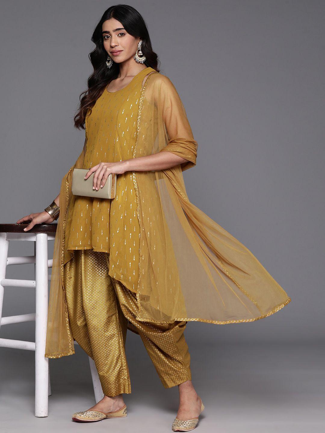 biba printed high-low hem sleeveless kurta with dhoti pants & dupatta