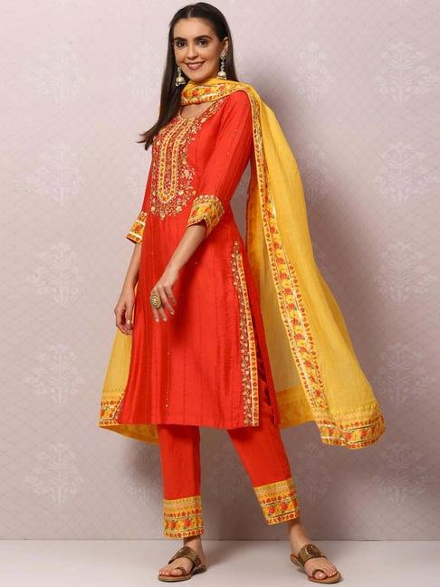 biba red & yellow embroidered kurta pant set with dupatta