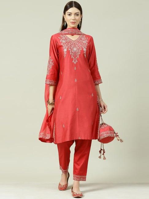 biba red cotton embellished kurta pant set with dupatta & potli bag