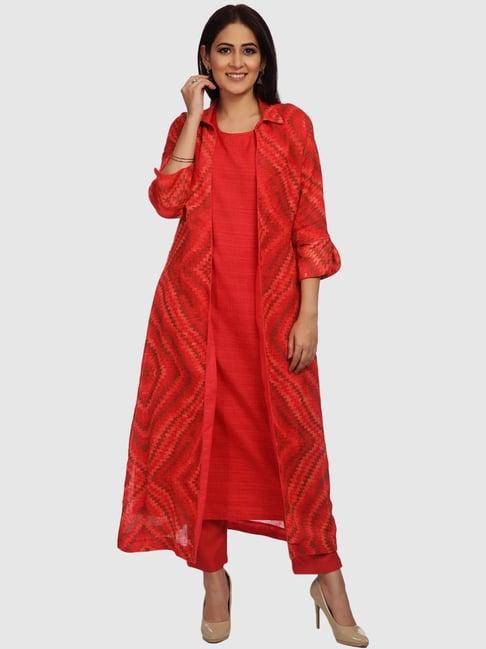 biba red cotton kurta with jacket