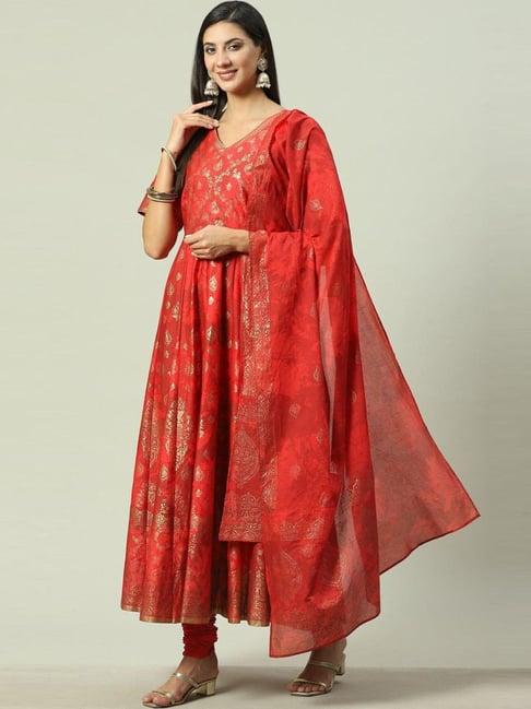 biba red cotton printed kurta churidar set with dupatta