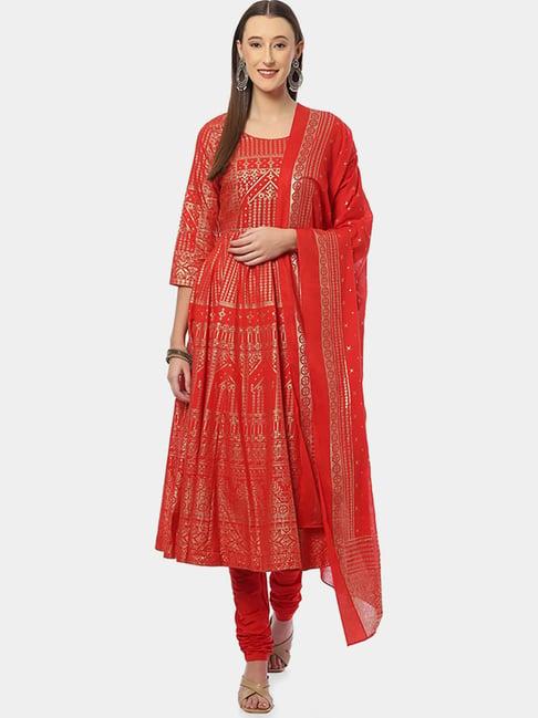 biba red cotton printed kurta pant set with dupatta