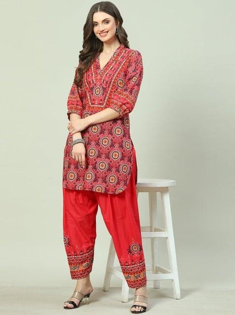 biba red cotton printed kurti salwar set