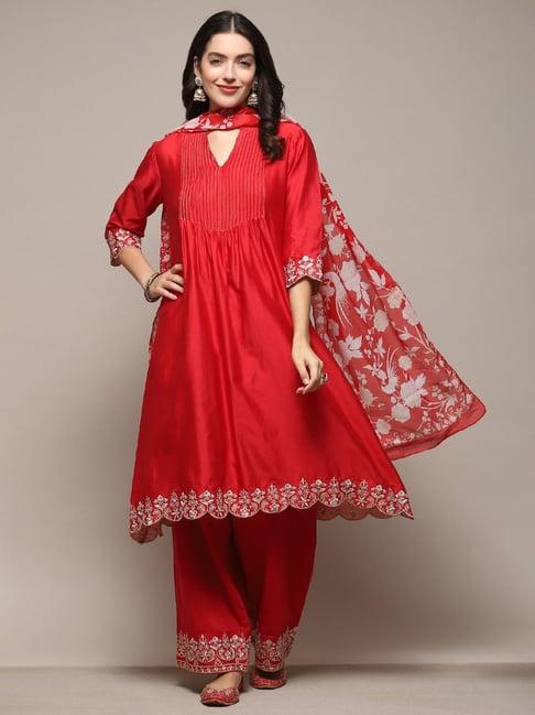 biba red embroidered kurta palazzo set with dupatta & inner