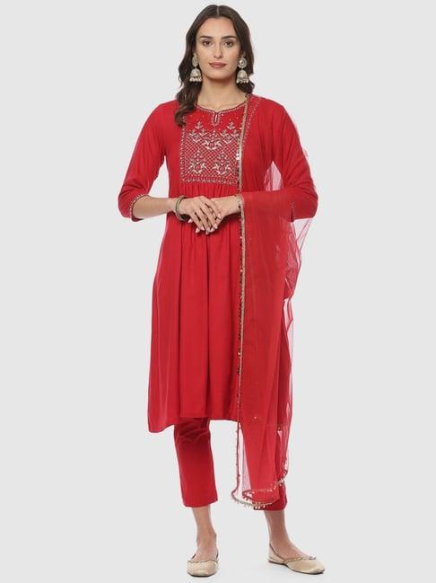 biba red embroidered kurta pant set with dupatta