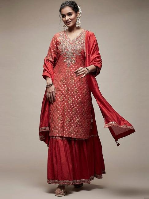 biba red embroidered kurta skirt set with dupatta