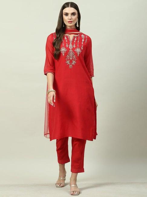 biba red embroidered kurta with pants & dupatta