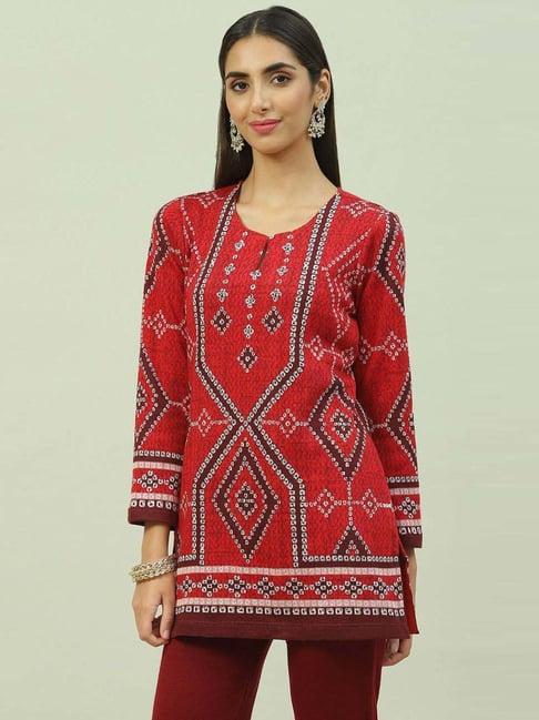 biba red embroidered straight kurti