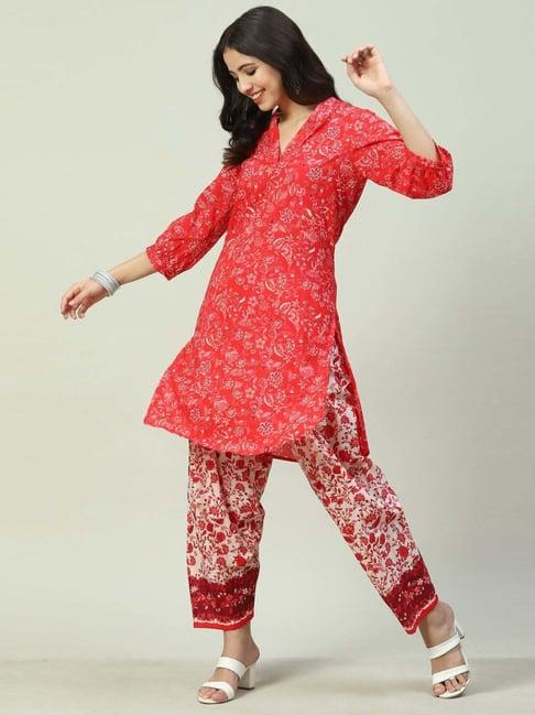 biba red printed kurta salwar set