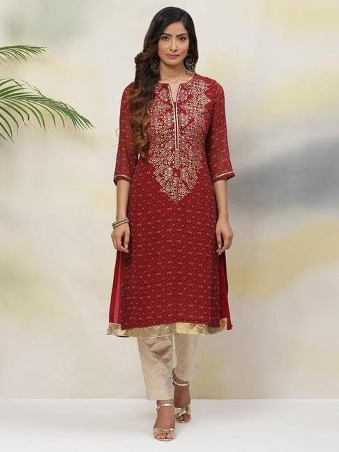 biba red printed straight kurta