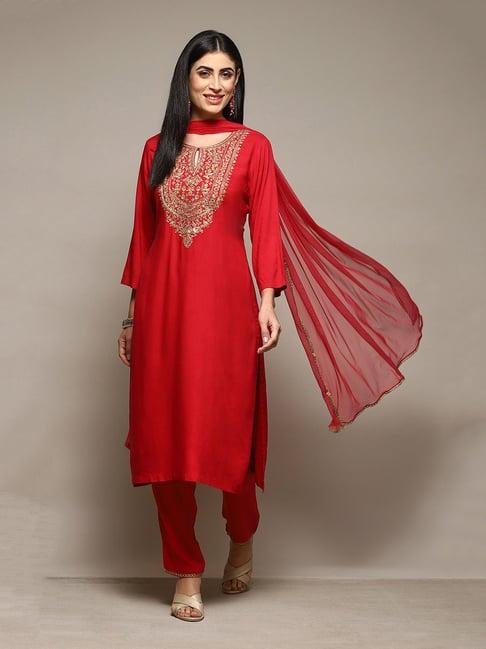 biba red rayon embroidered kurta with pant & dupatta