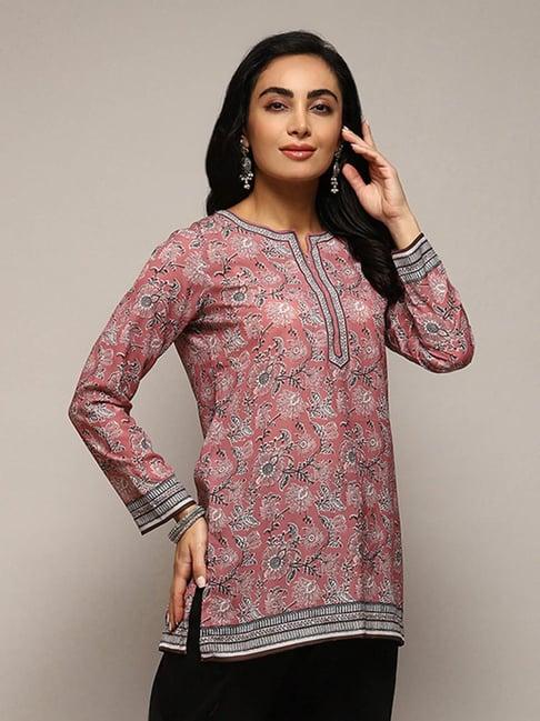 biba rose pink floral print straight kurti