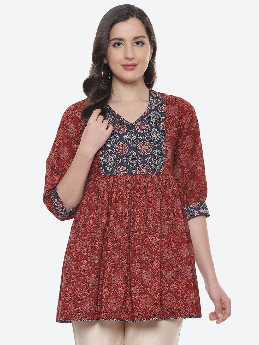 biba rust ethnic motifs printed v-neck pure cotton kurti