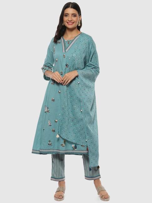 biba sap green cotton embroidered kurta pant set with dupatta