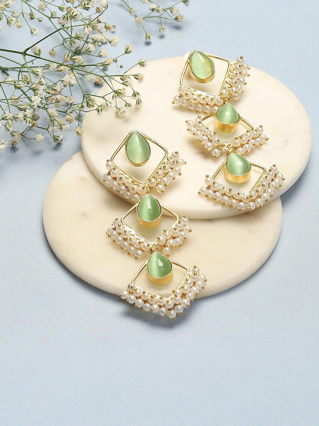 biba silver-plated geometric stone-studded beaded drop earrings