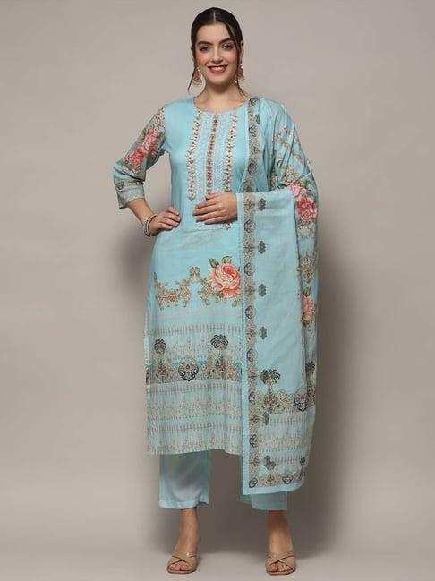 biba sky blue cotton floral print unstitched dress material