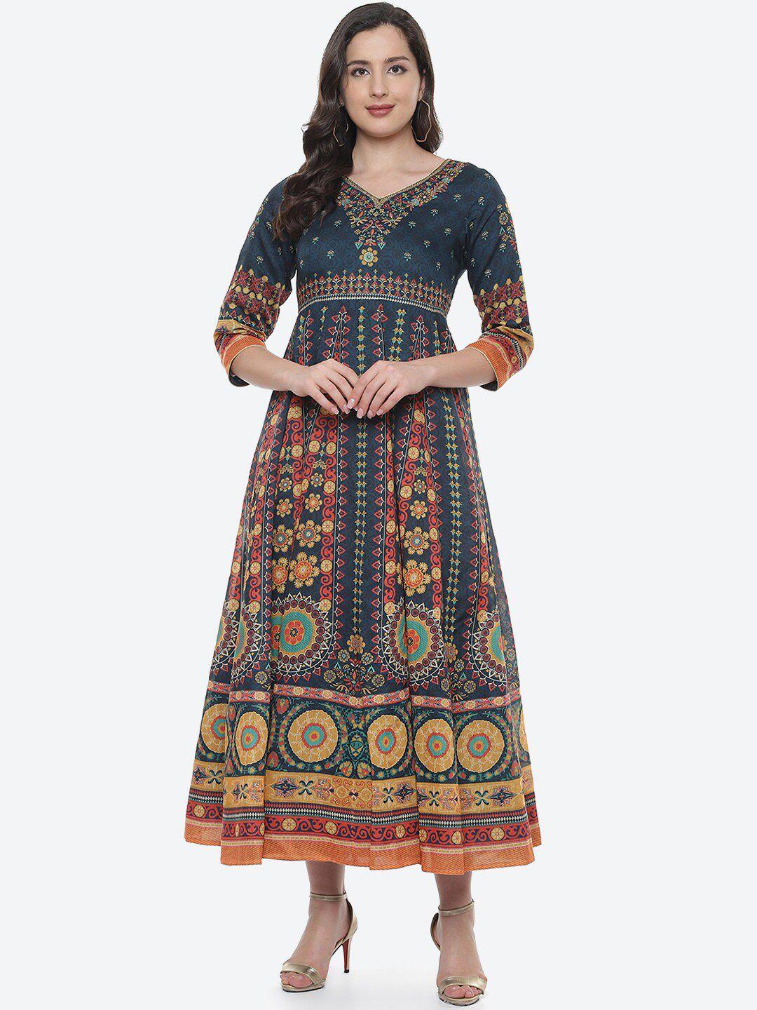 biba teal blue & brown ethnic motifs ethnic maxi dress